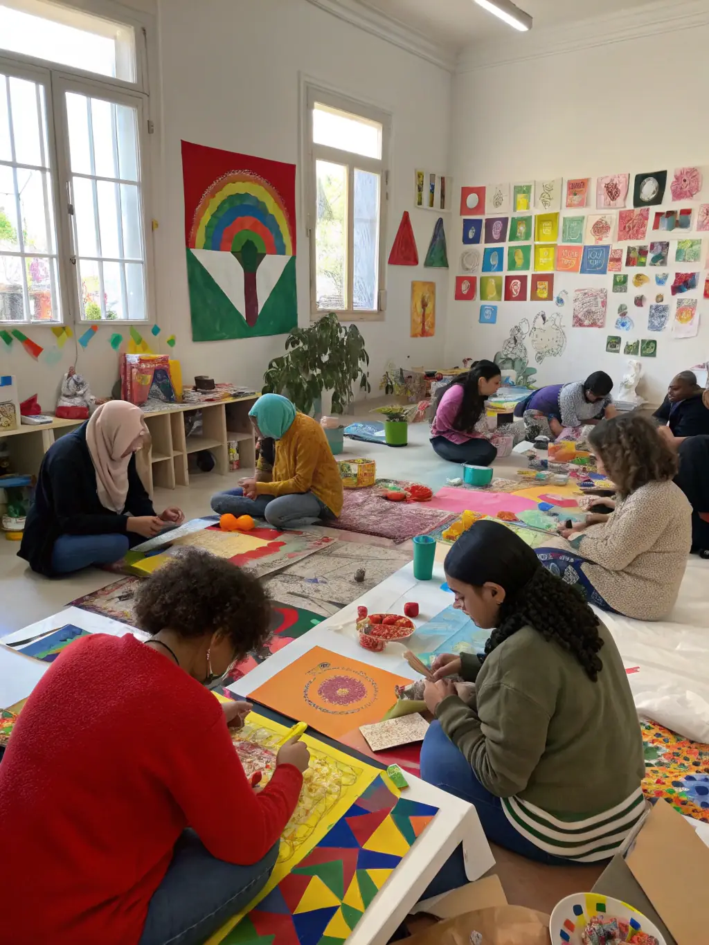 A vibrant photograph capturing participants engaged in an art workshop, showcasing the creative atmosphere and hands-on learning experience provided by ASSOCIATION LA PARALLELE.