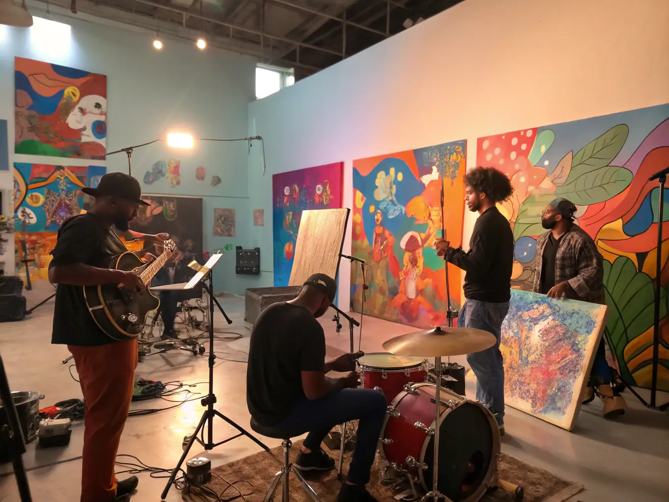 An image of artists collaborating on a vibrant cultural event, with banners and audience engaging in the background.