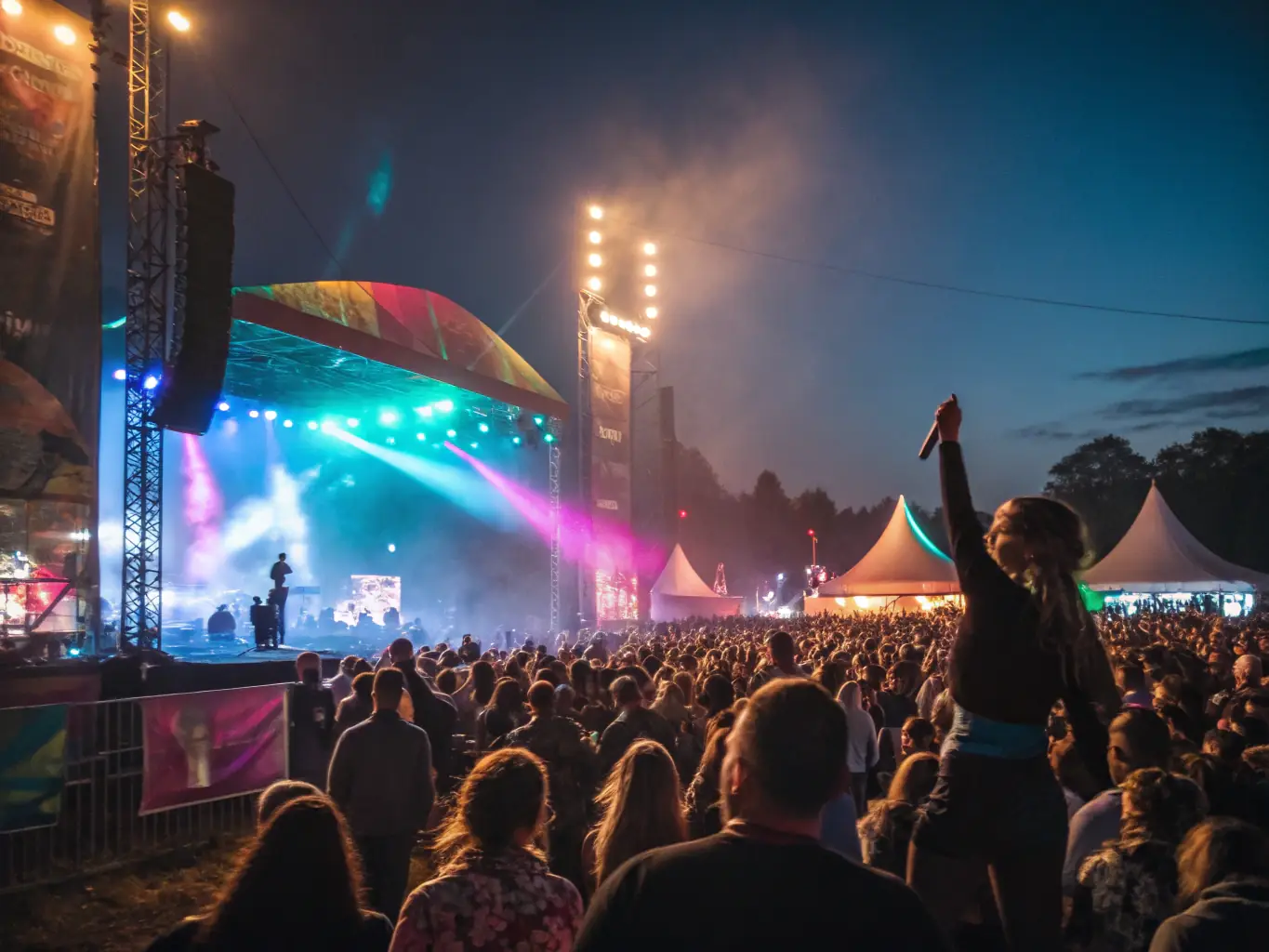 A photograph capturing a live music performance at a community festival, showcasing diverse musicians and an enthusiastic audience.