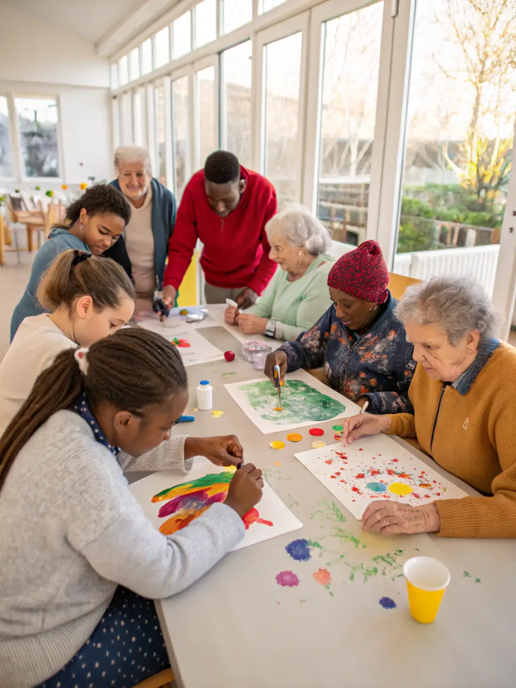 A photograph capturing a diverse group of participants actively engaged in an art workshop, showcasing hands-on creative activities and collaborative learning.