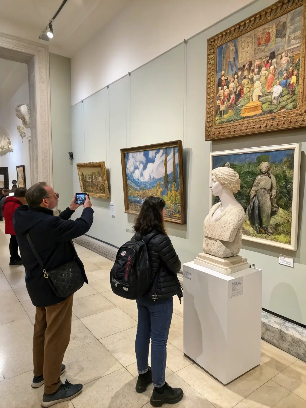 A photo of a community art exhibition, displaying artwork created by local artists, with people admiring the pieces and engaging in conversations, set in a gallery space.