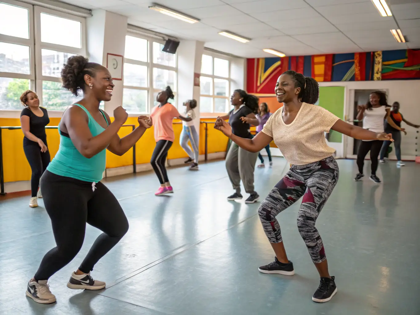 A photograph of a dance workshop in progress, with participants of all ages learning new dance moves in a studio.