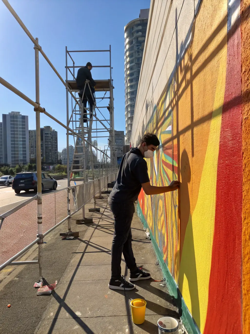 A photo of artists collaborating on a mural project, showcasing the organization's support for public art initiatives and community beautification.