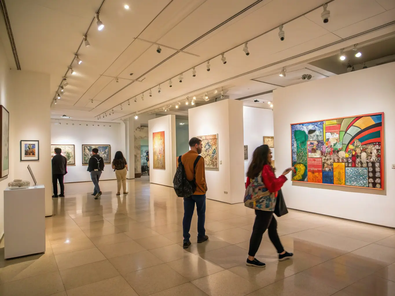 A photograph of an art exhibition opening, with attendees admiring paintings and sculptures in a gallery setting.