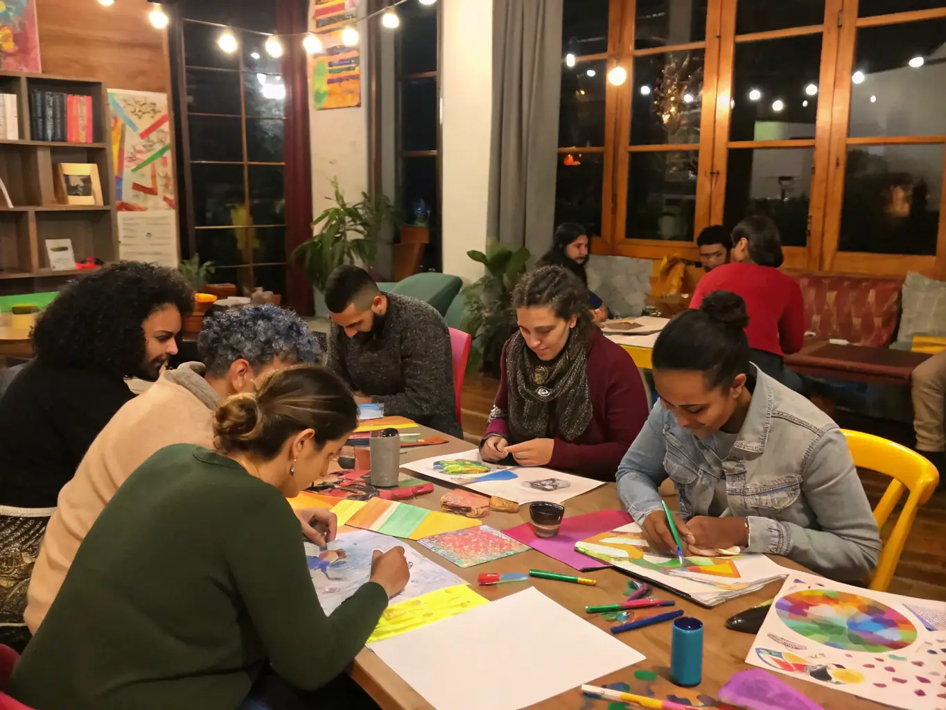 A photograph capturing a diverse group of participants actively engaged in an art workshop, showcasing hands-on learning and creative collaboration.