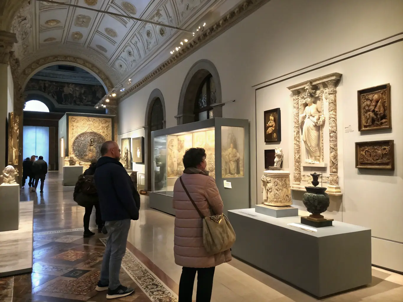A dynamic image of a cultural exhibition, featuring diverse artworks and attendees appreciating the display, highlighting the promotion of cultural dialogue.